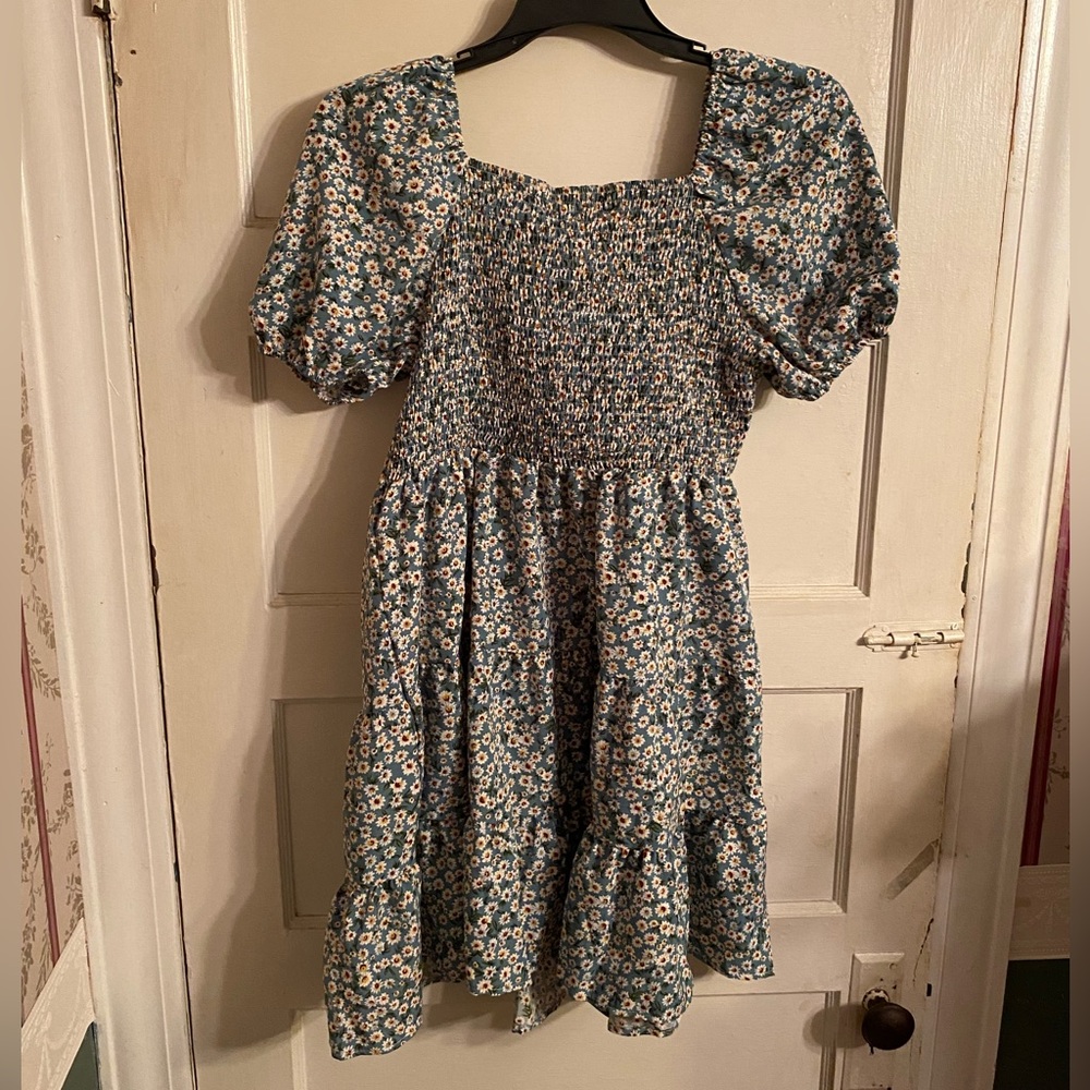SHEIN Curve Floral Blue Yellow And White Summer Ditsy Puff Sleeve Dress Size 0XL
